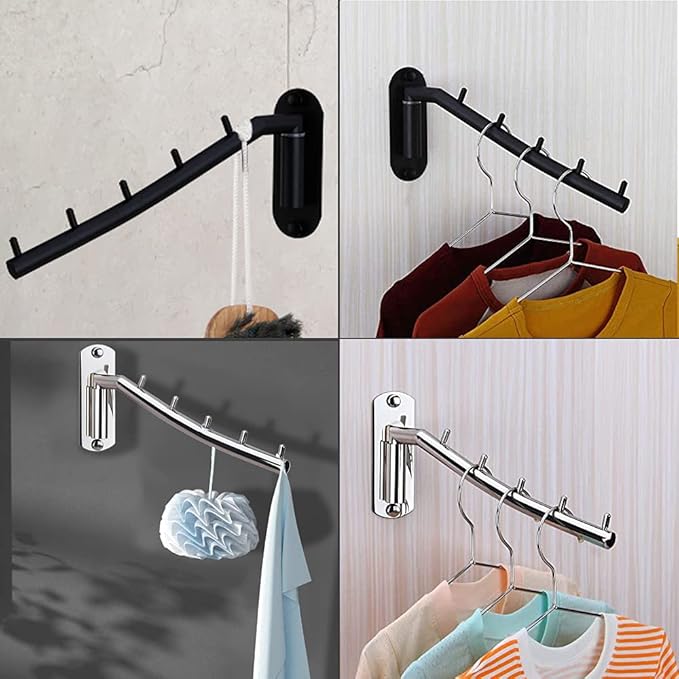 Pack of 2 Folding Wall Mounted Clothes Suit Hangers Rack with Swing Arm Stainless Steel Heavy Duty Coat Hook for Bathroom, Bedroom, Laundry Room - Black