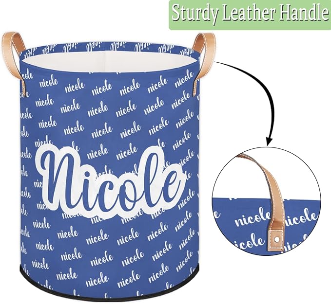 Custom Name Laundry-Hamper, Personalized Blue Kids-Clothes-Hamper Foldable with Name, Customized Storage Basket with Handles Waterproof Gift for Boys Girls Baby Women