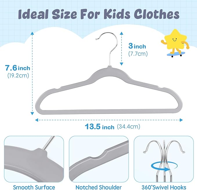 HOUSE DAY 13.5 Inch Kids Hangers 30 Pack - Premium ABS Plastic Clothes Hangers for Kids, Children, Preteens - Space Saving Thin Profile, Strong & Durable Hangers with 360° Swivel Hook - Gray