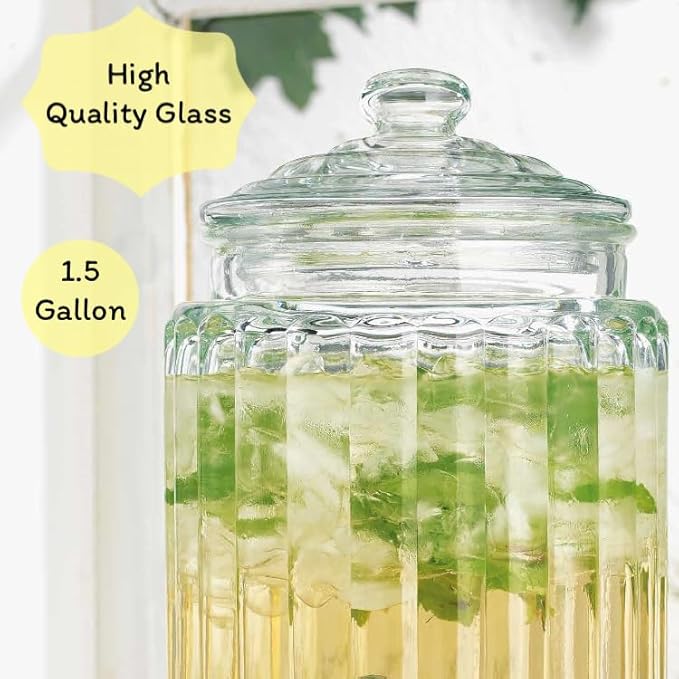 MosJos 2 PACK 1.5 Gallon Drink dispenser, Glass Beverage Dispenser With Elegant Stand Stand, Drink Dispensers for Parties With Spigot 100% Leakproof. Perfect For Parties And Daily Use