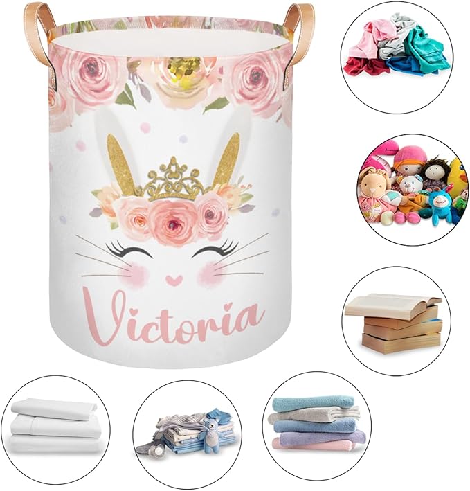 Personalized Laundry Basket, Custom Gift Laundry Hamper, Collapsible Nursery Waterproof Laundry Baskets, Dirty Clothes Toy Hamper with Handles Pink Floral Cute Bunny