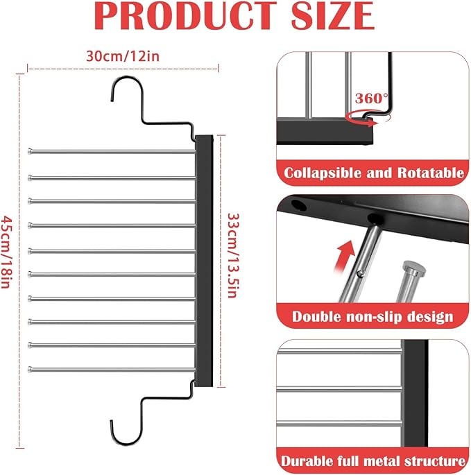 Pants Hangers Space Saving, 10-Tier Stainless Steel Closet Organizer, Plastic-Free, Collapsible Non-Slip Design Space Saving Hangers, Rotation for Legging Pant Rack, Storage and Organization