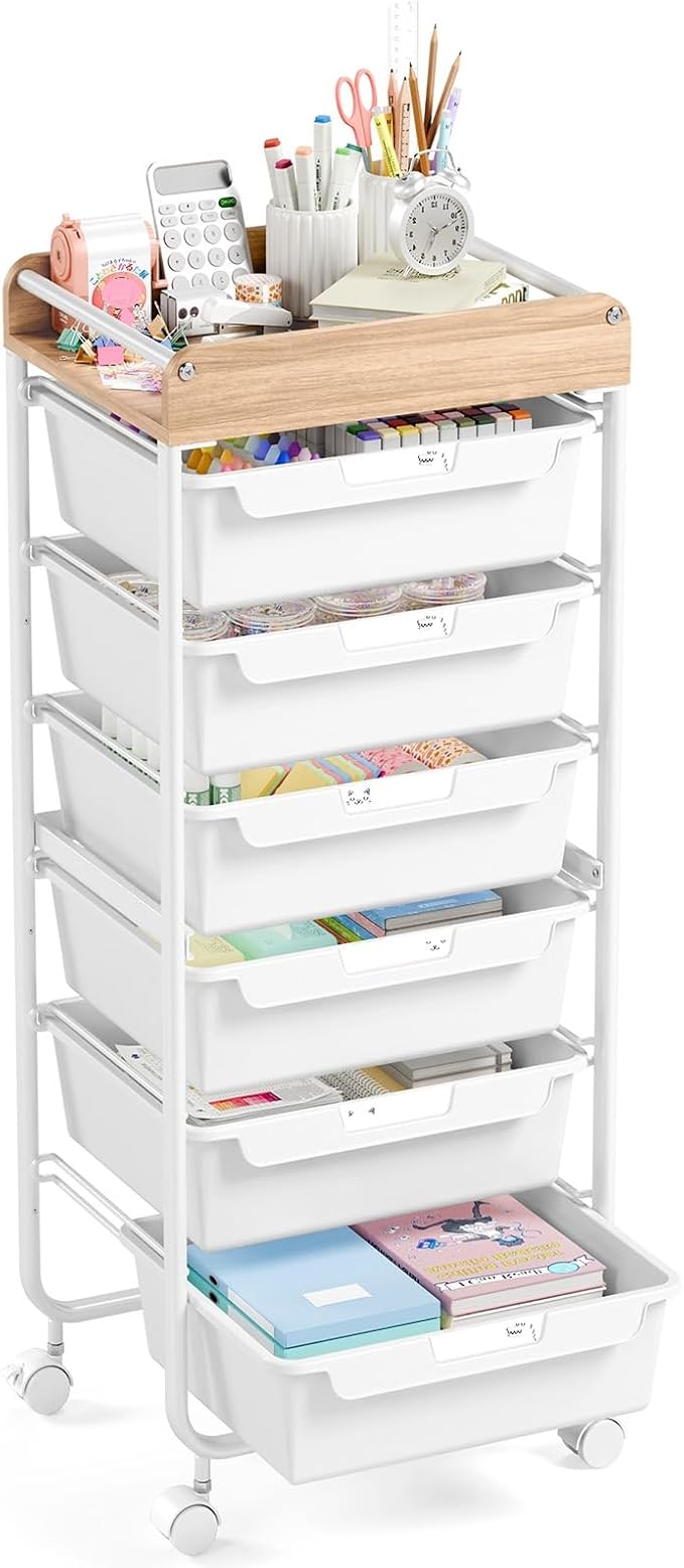 APEXCHASER 6-Drawer Plastic Organizers on Wheels,Rolling Storage Cart with Wooden Top, Mobile Drawer Unit for Classroom, Crafts, Art Supplies, and Home Organization,White