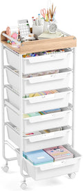 APEXCHASER 6-Drawer Plastic Organizers on Wheels,Rolling Storage Cart with Wooden Top, Mobile Drawer Unit for Classroom, Crafts, Art Supplies, and Home Organization,White
