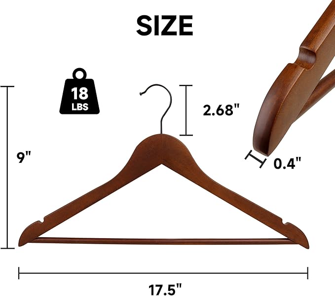 Quality Wooden Clothes Hangers, Solid Wood Suit & Coat Hangers with Pants Bars, Swivel Hook, Shoulder Notches, Heavy Duty Hangers for Shirts, Jackets, Dresses & Trousers(Walnut/12-Pack)