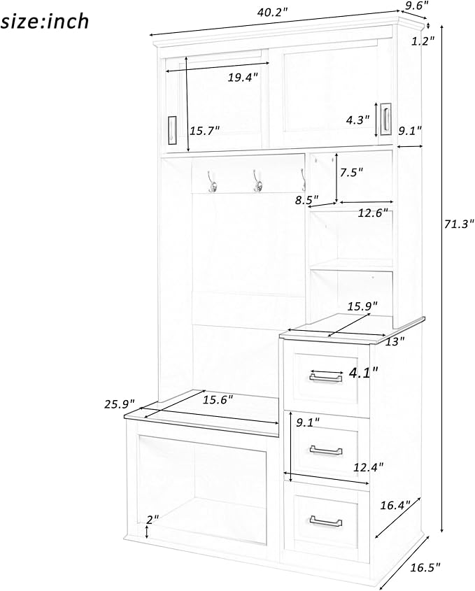 LUMISOL Wide Hall Tree with Storage Bench and 3 Hooks, Modern Hallway Coat Rack with 3 Shelves and Drawers, 40.2'' Entrance Organizer with Top Cabinets for Entryway, White