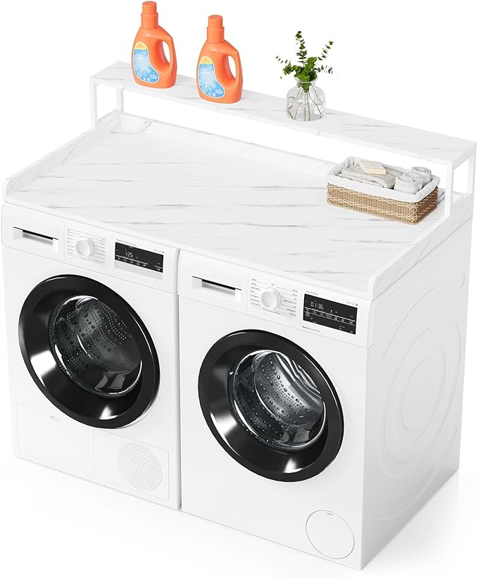 SpaceAid 2-Tier Washer Dryer Countertop, Laundry Topper with Rack Shelf 54" Width x 27.5" Depth x 10" Height Organizer Cover for Washer and Dryer Laundry Hamper Counter Storage (White Marble)