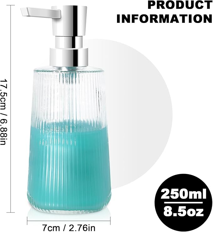 Glass Soap Dispenser for Bathroom, 250ml/8.5oz Dish Soap Dispenser with Pump for Kitchen, Modern Minimalist Stripe Style Hand Soap Dispenser, Small Refillable Soap Dispenser (Clear 1pc)
