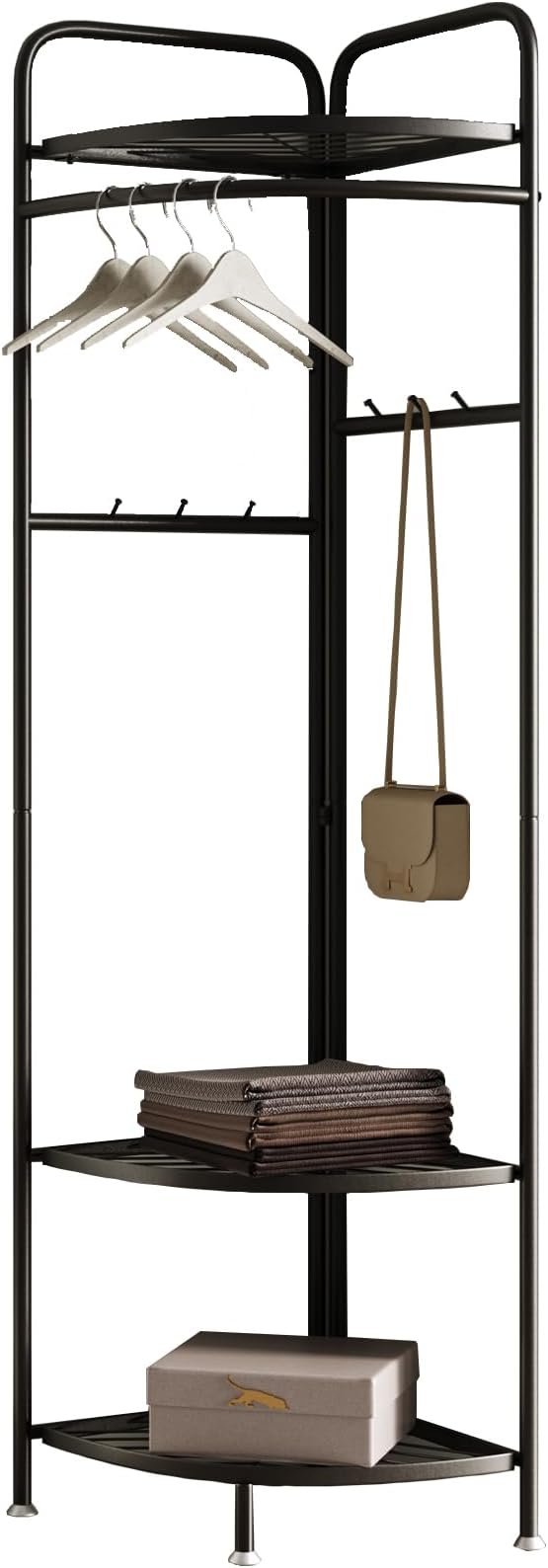 corner coat rack,corner clothing rack with 6 hooks and storage shelf,metal clothes rack coat stand for Entryway, Bedroom