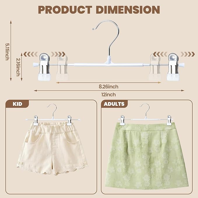 HUADYMEET 50 Pack 12Inch Pants Hangers with Clips,Metal Trouser Hanger for Jeans.Space Saving Skirt Hangers Heavy Duty Non-Slip Adjustable Clothes Shorts Hanger for Women,Men,White
