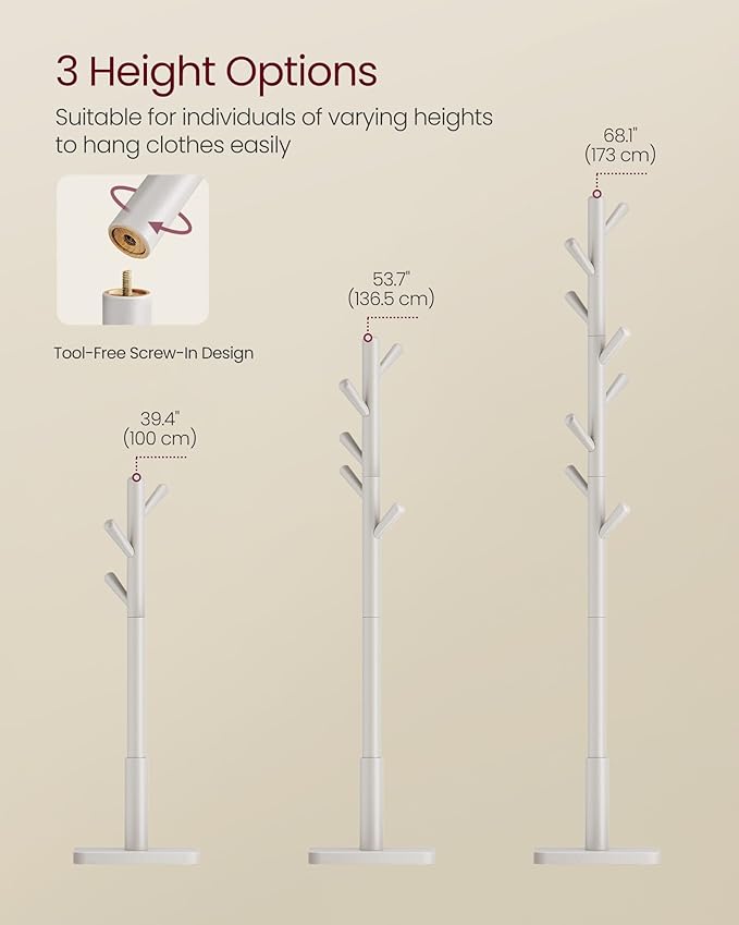 VASAGLE Solid Wood Coat Rack, Free Standing Hall Coat Tree with 8 Hooks, 3 Height Options, for Coats, Hats, Bags, Purses, for Entryway, Hallway, Rubberwood Hooks and Pole, Cappuccino Beige URCR010K01