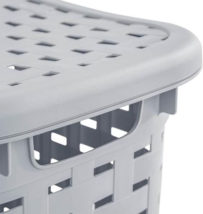 Sterilite Plastic Wicker Style Weave Laundry Hamper, Portable Slim Clothes Storage Basket Bin with Lid and Handles, Cement Gray, 8-Pack