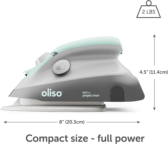 oliso M3Pro Project Steam Iron with Solemate – 1000W Ceramic Soleplate Iron and LED Light for Sewing, Quilting, Crafting, and Travel – Aqua