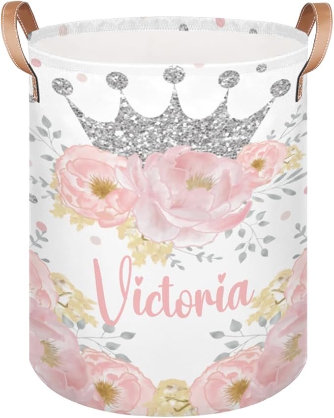 Personalized Laundry Basket, Custom Gift Laundry Hamper, Collapsible Nursery Waterproof Laundry Baskets, Dirty Clothes Toy Hamper with Handles Floral Silver Crown