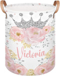 Personalized Laundry Basket, Custom Gift Laundry Hamper, Collapsible Nursery Waterproof Laundry Baskets, Dirty Clothes Toy Hamper with Handles Floral Silver Crown