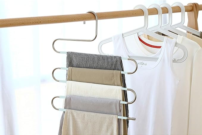 Devesanter Space-Saving Non-Slip S-Shape Trousers Hangers - 6 Pack Stainless Steel Closet Storage Organizer for Pants, Jeans & Scarves - Green