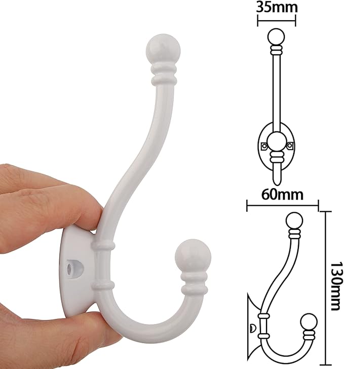 HASWARE 6 PCS Double Prong Robe Hook, Large Dual Coat Hooks with 12 Pieces Screws Wall Mounted Hooks Robe Antique Hooks Hangers Heavy Duty for Home Coats Hat Clothes Hanger Towel Keys (White)