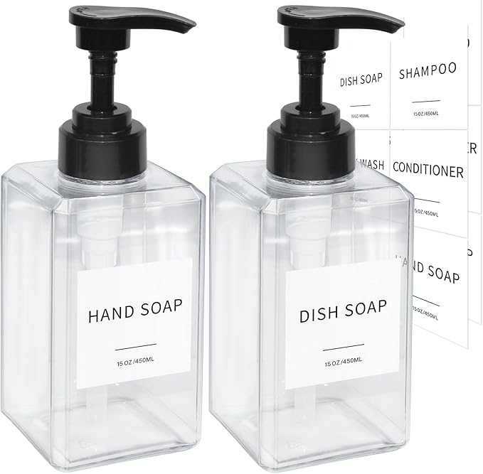 Clear Soap Dispenser with Waterproof Labels, Thickened Plastic Hand Soap Dispenser for Bathroom, Kitchen Dish Washing Liquid Bottles, Shampoo and Conditioner Bottles with Funnel (15oz 2Pack Clear)