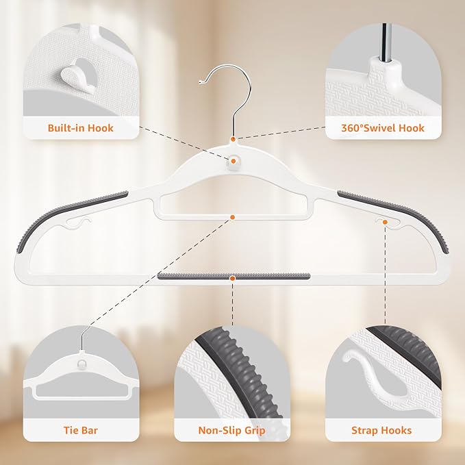 Yolife Cascading Plastic Clothes Hangers 20 Pack with Inner Hook for Vertical Storage, Slim Space Saving Hangers with Non-Slip Pads, 360° Swivel Metal Hook, Versatile, White & Gray