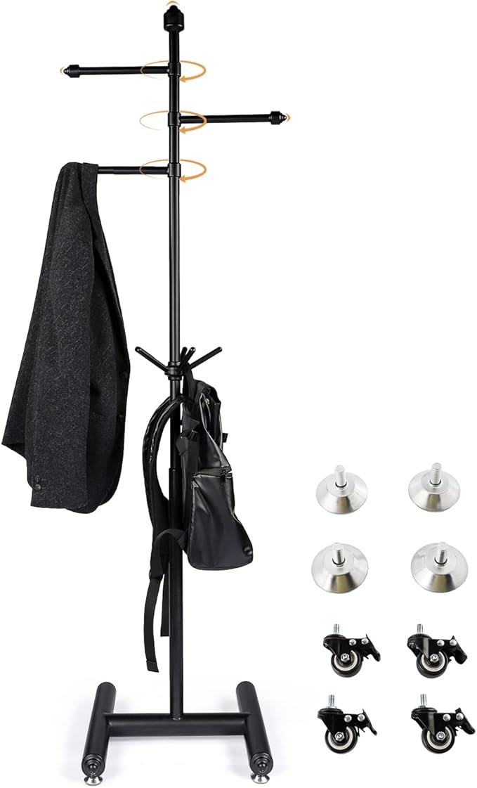 Metal Coat Rack Freestanding heavy duty,Sturdy Coat Tree Stand adjustable height with movable wheels,3 arms can accommodate more Winter Coats Jackets Suits, for Hall Entrance Bedroom Office (Modern)
