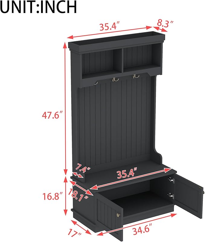 35.5 inch Hall Tree with Bench and Shoe Storage Shelf, Wood Hall Tree with 4 Hooks/Mudroom Bench with Storage and Hooks, Hall Trees for Entryway, Hallway, Living Room(Black 35.5")