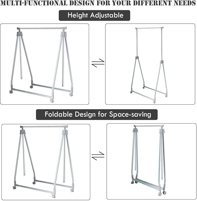 Nightcore Extendable Garment Rack, Heavy Duty Foldable Clothes Rail with Adjustable Hanging Rod & Rolling Casters, Movable Clothes Hanger for Home, Office, Store, Market
