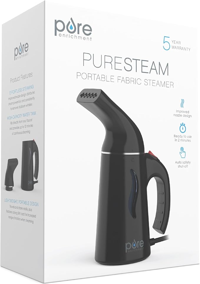 Pure Enrichment PureSteam Portable Fabric Steamer - Handheld Travel Garment Steamer Removes Wrinkles & is Safe on All Fabrics - Fast-Heating, Lightweight, Auto Safety Shut-Off, & Long Cord (Black)