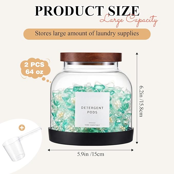 Zhehao 2 Pack Glass Laundry Pods Container with 30 Labels, Scoops, Non Slip Base, Wood Lid, Half Gallon Laundry Detergent Container Powder Containers Canisters Set Laundries Room Organization Jars