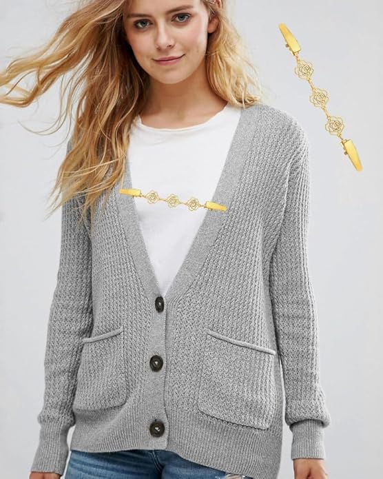 Vintage Sweater Clips Shawl Dresses Shirt Clips Retro Cardigan Collar Chain Clips Brooch Pins for Women
