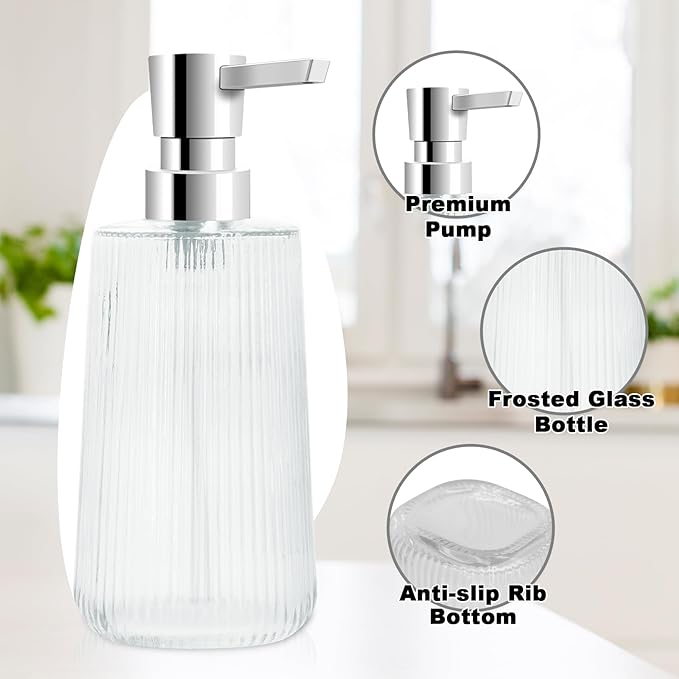 Glass Soap Dispenser for Bathroom, 250ml/8.5oz Dish Soap Dispenser with Pump for Kitchen, Modern Minimalist Stripe Style Hand Soap Dispenser, Small Refillable Soap Dispenser (Clear 1pc)