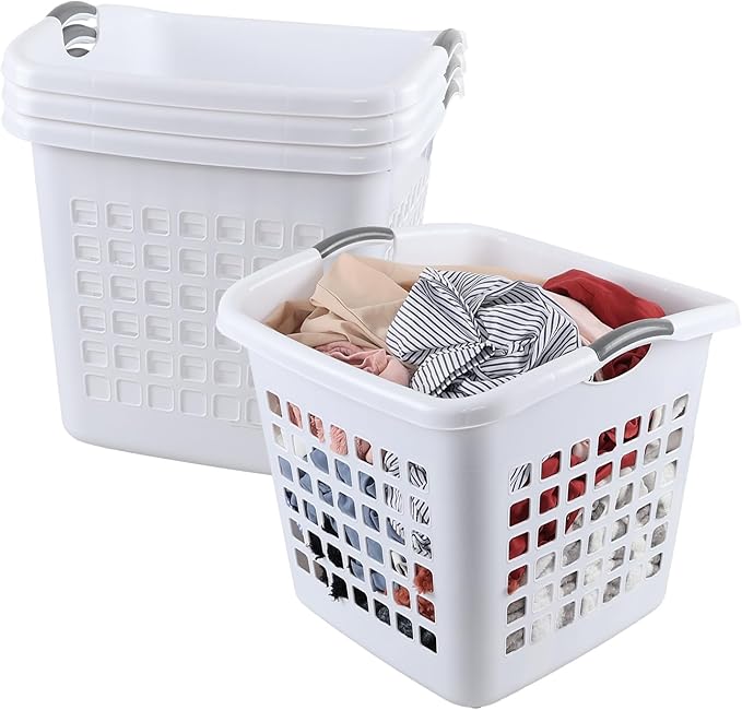4 Pack 2 Bushel Ultra Laundry Basket, 72 L Square Large Plastic Laundry Basket with Handles, White