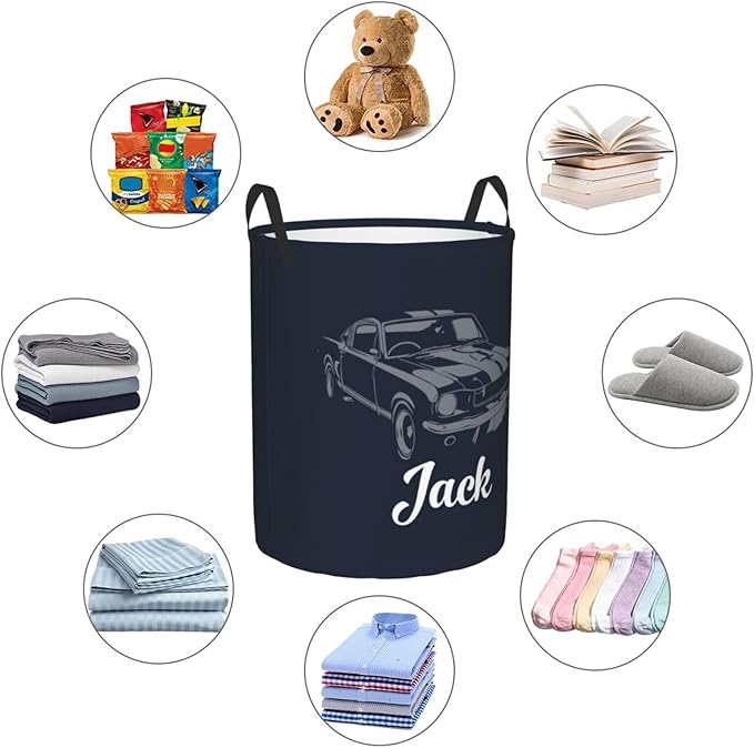 Personalized Laundry Basket for Nursery, Custom Nursery Laundry Hamper with Name, Customize Baby Clothes Circular Hamper for Boys Girls Room Decor, Car