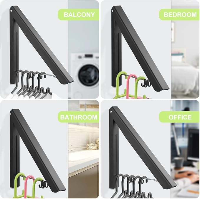 Wall Mounted Clothes Rack Retractable Hanger Space Saving Heavy Duty Wardrobe Hooks for Bathroom Balcony Aluminum, Black, 2-Pack