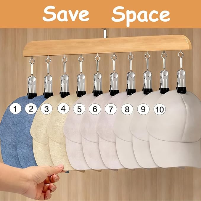 4 Pack Hat Hangers for Closet Display, Wooden Hat Storage Organizer with 40 Metal Clips for Baseball Caps, Winter Hat Rack for Beanie, Skullies, Visors, Natural Wood Color