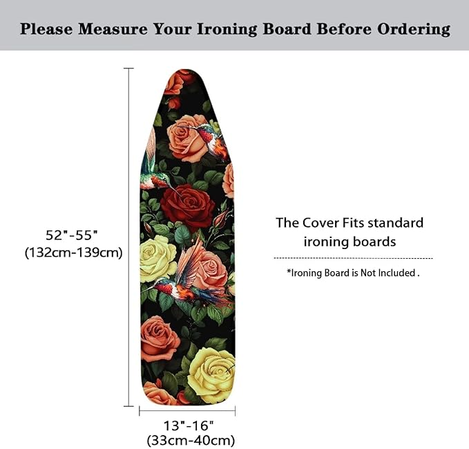 Hummingbird Rose Ironing Board Cover Standard Size 15 x 54 Stain Resistant Fasteners Elastic Edge Ironing Cover