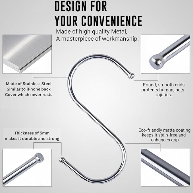 WHITECLOUDZ 30-Pack Silver S Hooks for Hanging Plants, Stainless Steel S hooks for hanging heavy-duty, Closet Hooks for Hangings Clothes, Durable kitchen hooks for hangin Utensils, Pots, Clothes & Bag