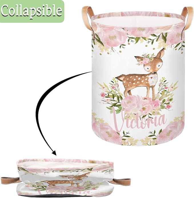 Personalized Laundry Basket, Custom Gift Laundry Hamper, Collapsible Nursery Waterproof Laundry Baskets, Dirty Clothes Toy Hamper with Handles Pretty Deer Woodland Forest