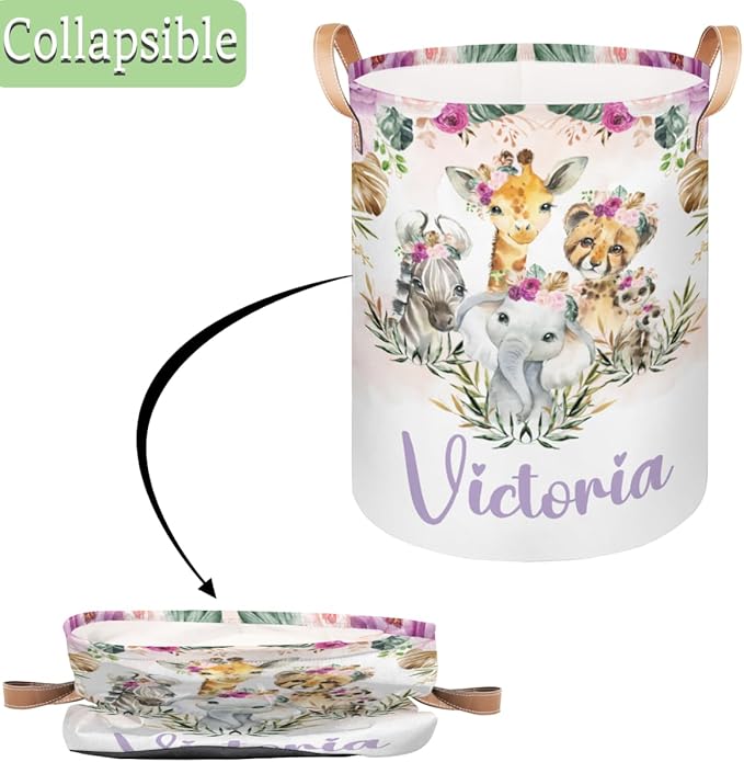 Personalized Laundry Basket, Custom Gift Laundry Hamper, Collapsible Nursery Waterproof Laundry Baskets, Dirty Clothes Toy Hamper with Handles Boho Jungle Animals