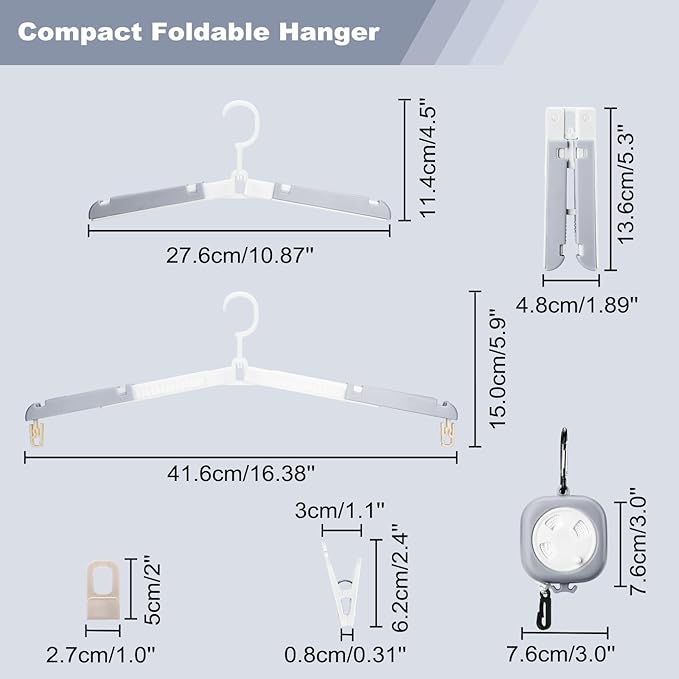 6 Pack Fodable Travel Hangers with Clips & Adjustable Clothesline, Portable Collapsible Hangers with Storage Bag for Suitcase, Hotel, RV, Cruise Essentials Set (Grey)