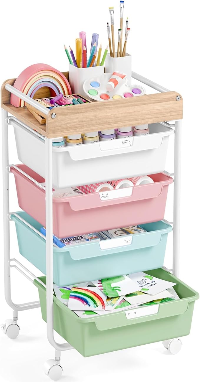 APEXCHASER Plastic Drawer Organizers with Wheels, 4-Tier Rolling Storage Cart with Wooden Top, Plastic Drawer Unit for Kids’ Toys, Office Supplies, Nursery Essentials, and Laundry Storage,Colorful