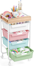 APEXCHASER Plastic Drawer Organizers with Wheels, 4-Tier Rolling Storage Cart with Wooden Top, Plastic Drawer Unit for Kids’ Toys, Office Supplies, Nursery Essentials, and Laundry Storage,Colorful