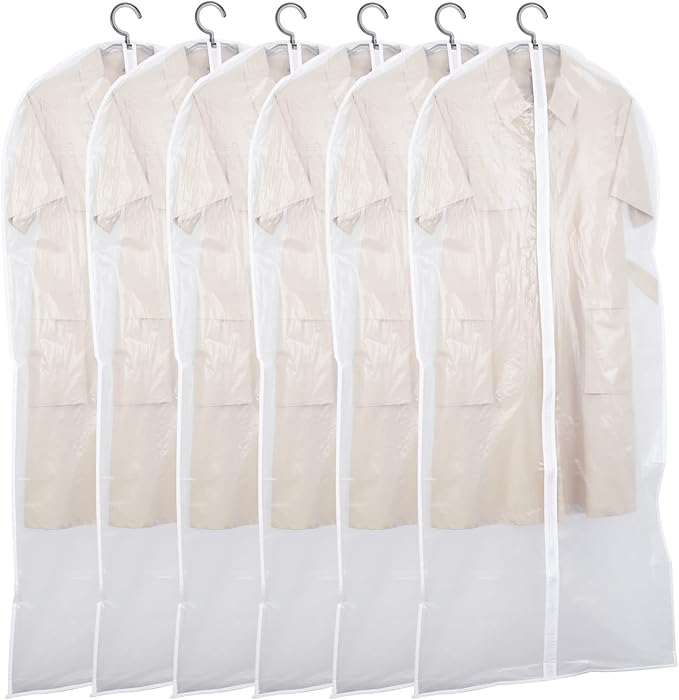 Clear Garment Bags with Full Zipper Lightweight Foldable Dust Proof Breathable Extra Wide Travel Suit Cover for Hanging Clothes Closet Storage, 24'' x 55'' / 6 Pack