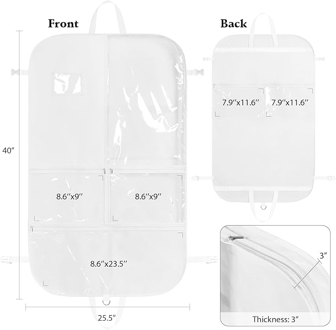 Univivi White Garment Bags for Dance Costumes 40 Inch Dance Costume Garment Bag for Girls, 3 Medium Clear Zipper Pockets and 2 Back Zippered Pocket, with 1 xPendant, 3 x Badge