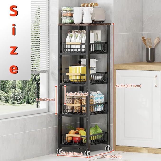 Metal Wire Baskets with Wheels, Stackable Storage Bins Kitchen Organizer Shelf, Multi Layer Fruit Vegetable Cart Dishes Seasonal Rack Freestanding with Pull Out Slide Drawer
