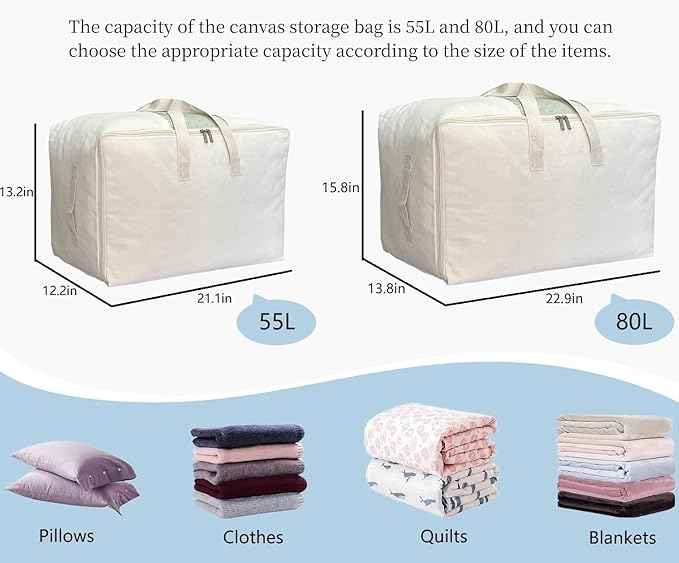 Soft Canvas Clothes Storage Bags with Four Carrying Handles and Clear Window, Closet Organizer for Clothing, Blankets Sheets Pillows and Bedding, 55L, 6 Pack, White