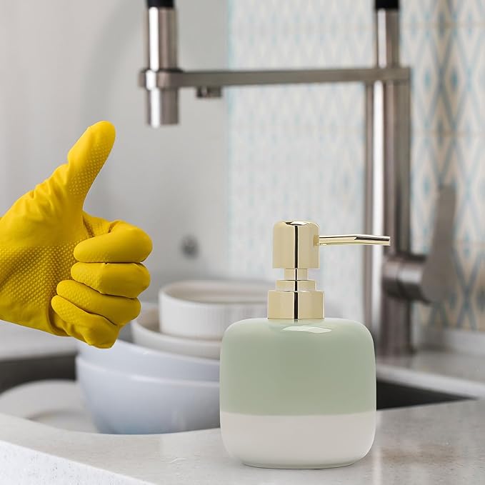 Ceramic Soap Dispenser Green and White Two Color Splicing with Gold Pump,Simple Design Cylindrical Lotion Dispenser Bottle,Refillable Liquid for Kitchen,Bathroom,Washroom