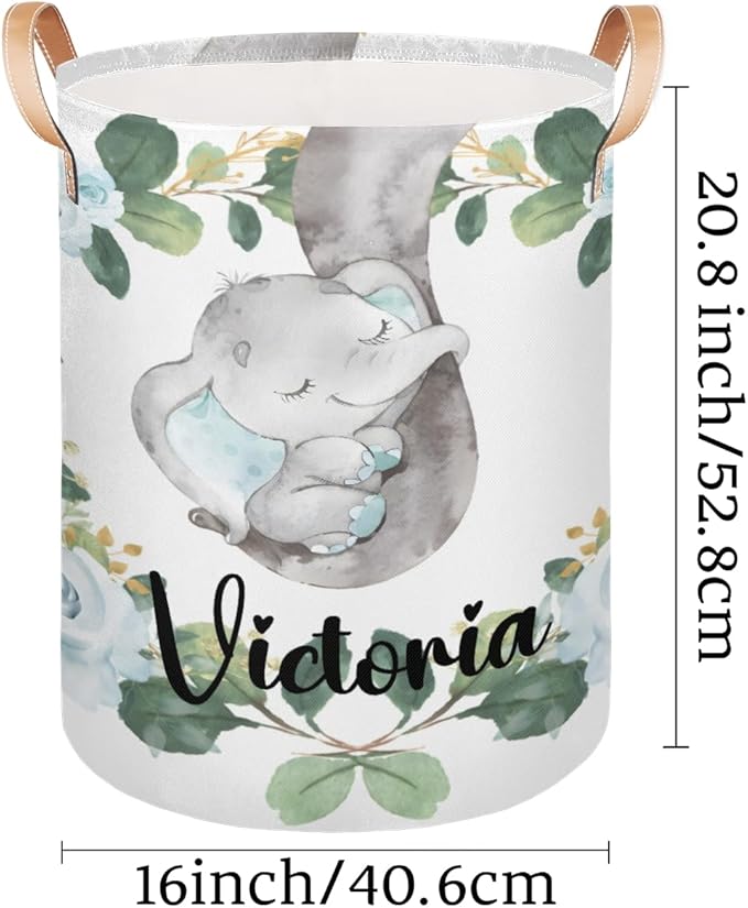 Personalized Laundry Basket, Custom Gift Laundry Hamper, Collapsible Nursery Waterproof Laundry Baskets, Dirty Clothes Toy Hamper with Handles Blue Floral Elephant