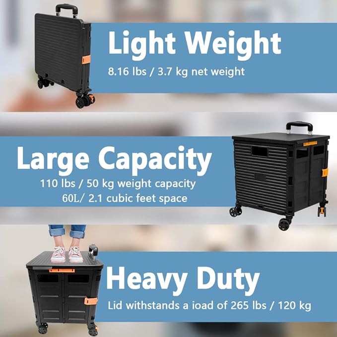 FELICON SELORSS Foldable Utility Cart Folding Portable Rolling Crate Handcart with Durable Heavy Duty Plastic Telescoping Handle Collapsible 4 Rotate Wheels for Travel Shop Move Luggage Office(Black)
