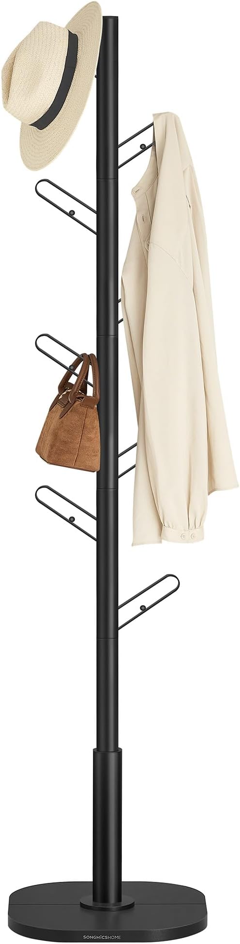 SONGMICS HOME Tree-Shaped Coat Rack, Freestanding Coat Tree, Coat Hanger Stand with 8 Sturdy Hooks, with Curved Edges, for Clothes, Hats, Bags, Ink Black URCR037B01