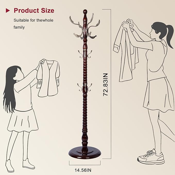 Wood Coat Rack Freestanding with 14 Hooks, 73 Inches Adjustable Height Coat Rack Stand, Vintage Hall Tree Coat Racks with Stable Round Base for Entryway, Bedroom (Reddish Brown-Metal Hook)